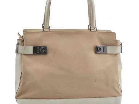 Auth Ferragamo Gancini Canvas Leather Shoulder Tote Bag Purse Beige Ivory J9562 For Cheap