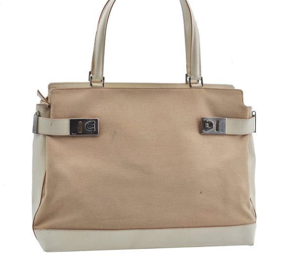 Auth Ferragamo Gancini Canvas Leather Shoulder Tote Bag Purse Beige Ivory J9562 For Cheap