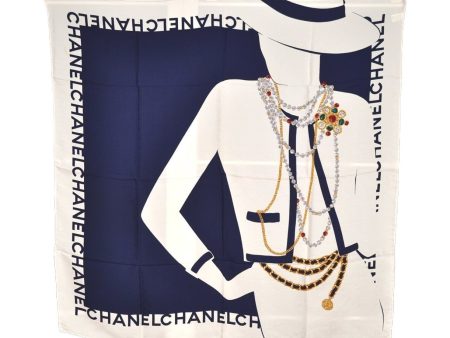 Authentic CHANEL Scarf Mademoiselle Motif CC Logo Silk White Navy 2288I Online now