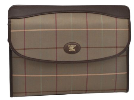 Authentic Burberrys Check Clutch Documents Case Canvas Leather Khaki Green 5070F Fashion