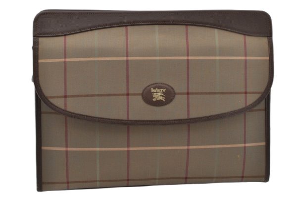 Authentic Burberrys Check Clutch Documents Case Canvas Leather Khaki Green 5070F Fashion