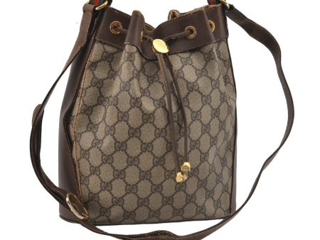 Authentic GUCCI Web Sherry Line Drawstring Bag GG PVC Leather Brown 1929I For Discount