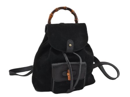 Authentic GUCCI Bamboo Vintage Backpack Purse Suede Leather Black 1914G Fashion