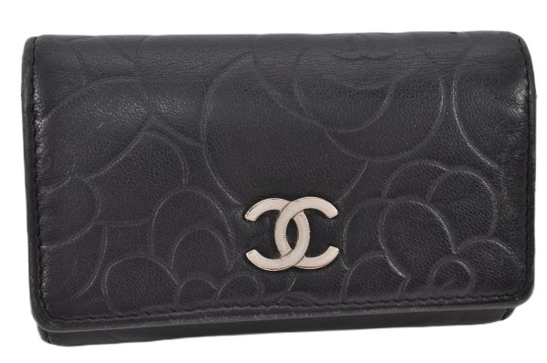 Authentic CHANEL Camellia Vintage Calf Skin CC Logo Key Case Black 1997G Cheap