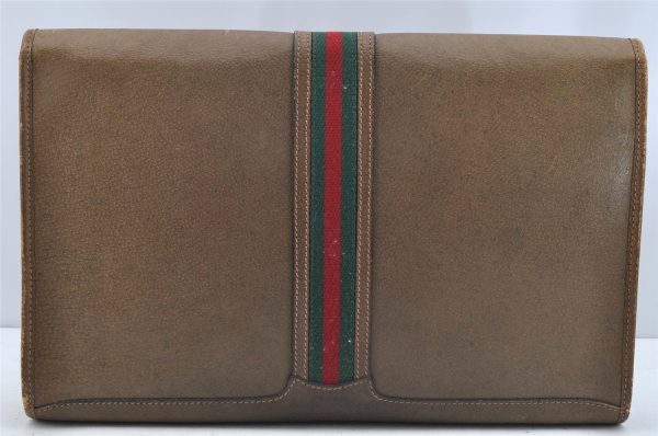 Authentic GUCCI Web Sherry Line Vintage Document Case Leather Brown 1832I Hot on Sale