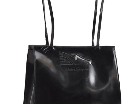 Authentic Salvatore Ferragamo Enamel Shoulder Tote Bag Black SF K4865 Online now