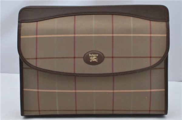 Authentic Burberrys Check Clutch Documents Case Canvas Leather Khaki Green 5070F Fashion