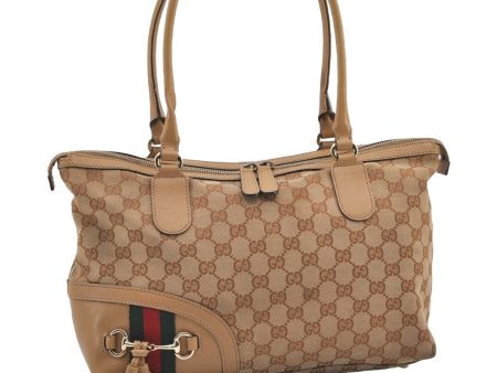 Auth GUCCI Web Sherry Line Horsebit Shoulder Bag GG Canvas Leather Beige 1894I Online Sale