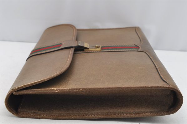 Authentic GUCCI Web Sherry Line Vintage Document Case Leather Brown 1832I Hot on Sale