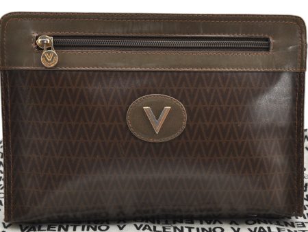 Authentic MARIO VALENTINO V Logo Clutch Hand Bag Purse PVC Leather Brown K4562 For Discount