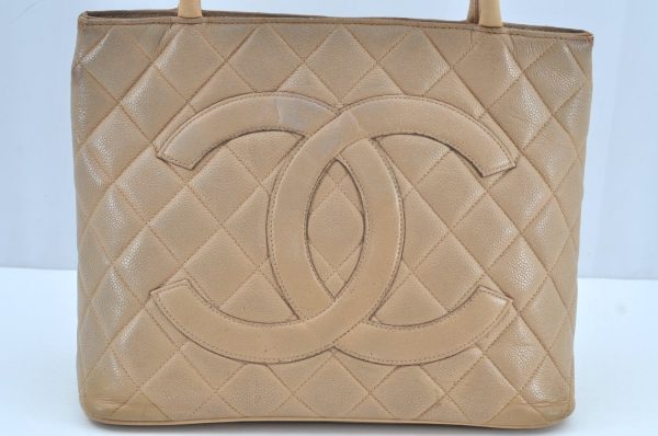 Authentic CHANEL Caviar Skin Medallion CC Logo Shoulder Tote Bag Beige 0892I Hot on Sale