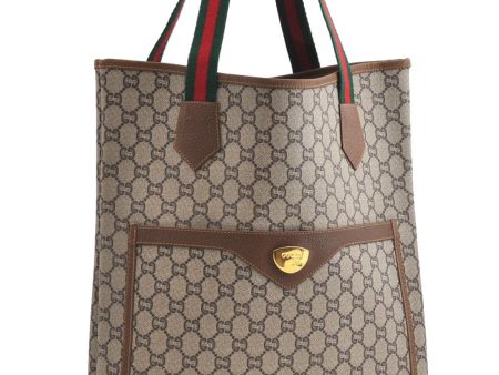 Authentic GUCCI Web Sherry Line GG Plus Tote Bag PVC Leather Brown K4849 For Sale