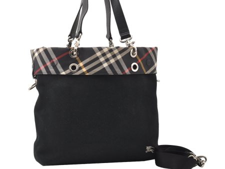 Authentic BURBERRY BLUE LABEL Check 2Way Tote Bag Canvas Leather Black 0137G Online Hot Sale