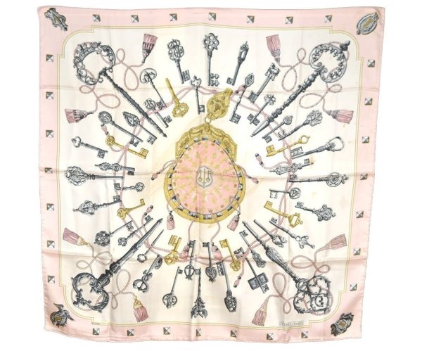 Authentic HERMES Carre 90 Scarf  LES CLES  Silk Pink 2604I Online now