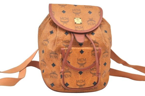 Authentic MCM Visetos Leather Vintage Drawstring Backpack Purse Brown 1673I Online Hot Sale