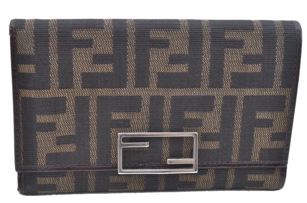 Authentic FENDI Zucca Trifold Wallet Purse Canvas Leather Brown J7020 Cheap