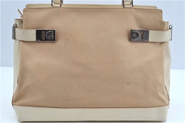 Auth Ferragamo Gancini Canvas Leather Shoulder Tote Bag Purse Beige Ivory J9562 For Cheap