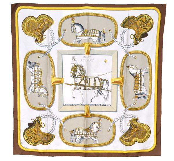 Authentic HERMES Carre 90 Scarf  GRAND APPARAT  Silk Brown K4688 Online Sale