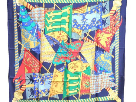 Authentic HERMES Carre 90 Scarf  Etendards et Bonnieres  Silk Navy Box J7399 Supply