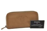 Authentic CHANEL Caviar Skin CC Logo Round Zip Long Wallet Purse Beige K4919 Online now