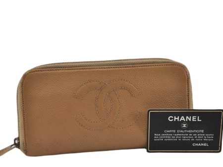 Authentic CHANEL Caviar Skin CC Logo Round Zip Long Wallet Purse Beige K4919 Online now