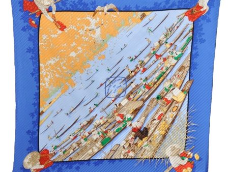 Authentic HERMES Pleats Scarf  MARCHE FLOTTANT DU LAC INLE  Silk Blue Box K4046 Cheap