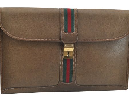 Authentic GUCCI Web Sherry Line Vintage Document Case Leather Brown 1832I Hot on Sale