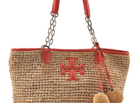 Authentic TORY BURCH Straw Leather Shoulder Tote Bag Purse Beige Orange J6986 Fashion