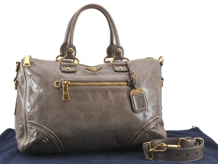 Authentic PRADA Vintage Leather Nappa 2Way Shoulder Hand Tote Bag Gray 8249F Online Hot Sale