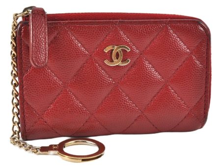 Authentic CHANEL Caviar Skin Matelasse Coin Purse Wallet CC Logo Red 1981G Online now