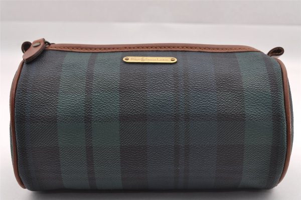 Authentic POLO Ralph Lauren Check Pattern PVC Leather Pouch Purse Green 0927I Online now