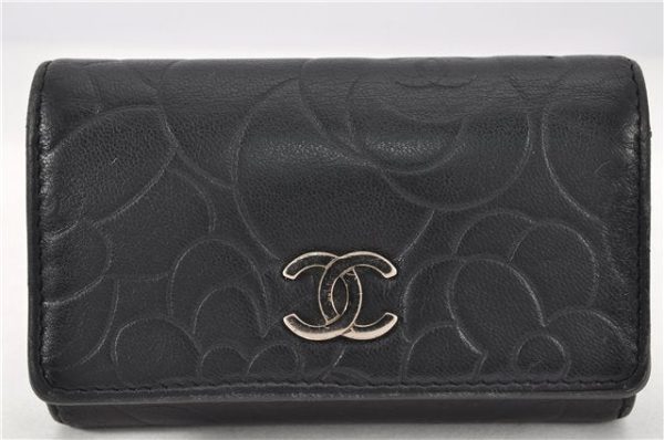 Authentic CHANEL Camellia Vintage Calf Skin CC Logo Key Case Black 1997G Cheap