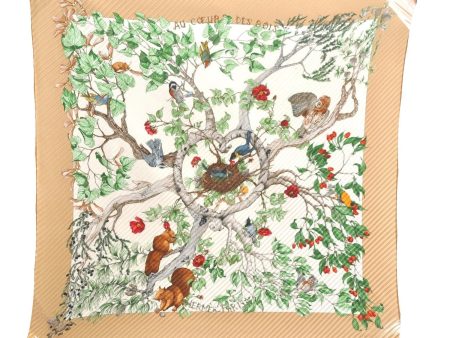 Authentic HERMES Pleats Scarf  AU COEUR DES BOIS  Silk Beige Box J9531 Fashion