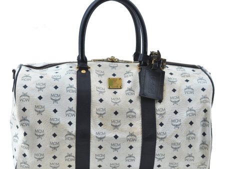 Authentic MCM Leather Travel Boston Bag White Black J6470 Online Hot Sale