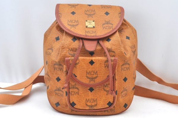 Authentic MCM Visetos Leather Vintage Drawstring Backpack Purse Brown 1673I Online Hot Sale