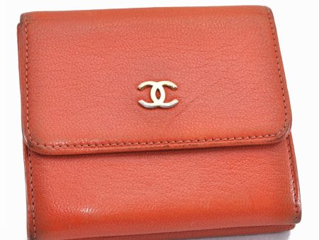 Authentic CHANEL Calf Skin CoCo Mark Trifold Wallet Purse Orange Junk 3736F Online