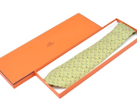 Authentic HERMES Tie Necktie Animal Pattern Silk Light Green Box J6115 Cheap