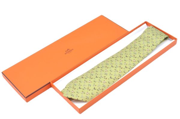 Authentic HERMES Tie Necktie Animal Pattern Silk Light Green Box J6115 Cheap