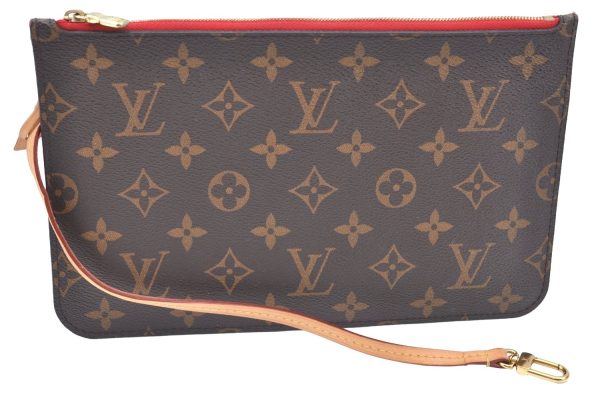 Authentic Louis Vuitton Monogram Neverfull Pouch Purse Clutch Bag Red LV K4438 For Sale