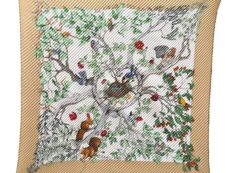 Authentic HERMES Pleats Scarf  AU COEUR DES BOIS  Silk Beige Box 0163E on Sale