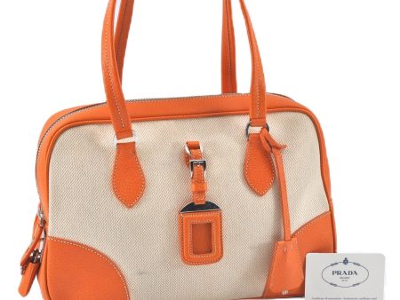 Authentic PRADA Canvas Leather Boston Shoulder Hand Bag Beige Orange J5561 Discount