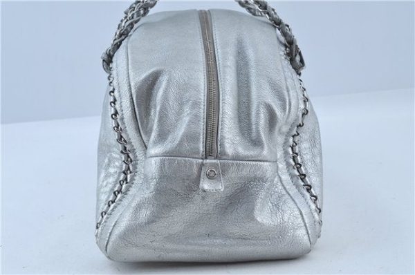 Authentic CHANEL Luxury Calf Skin CC Logo Chain Shoulder Boston Bag Silver J4595 For Cheap