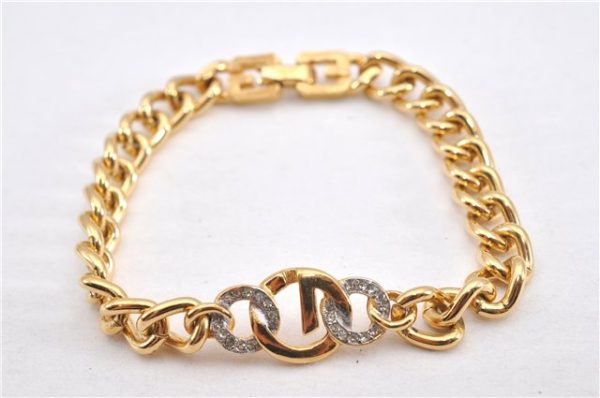 Authentic GIVENCHY Vintage Rhinestone Chain Bracelet Gold Tone 1304G For Sale