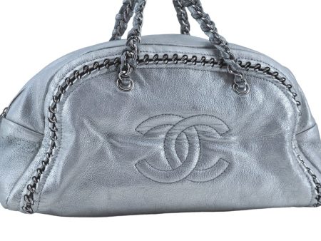 Authentic CHANEL Luxury Calf Skin CC Logo Chain Shoulder Boston Bag Silver J4595 For Cheap