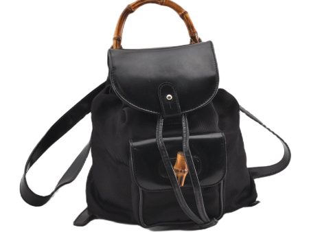 Authentic GUCCI Vintage Bamboo Backpack Purse Nylon Enamel Black 1230G Discount