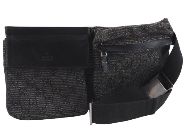 Authentic GUCCI Vintage Waist Body Bag Purse GG Canvas Leather 28566 Black 7481E on Sale