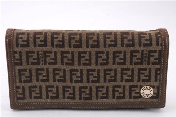 Authentic FENDI Zucchino Long Wallet Purse Canvas Leather Brown Box 8670E Fashion