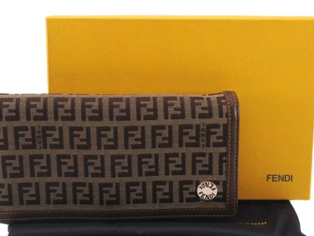 Authentic FENDI Zucchino Long Wallet Purse Canvas Leather Brown Box 8670E Fashion