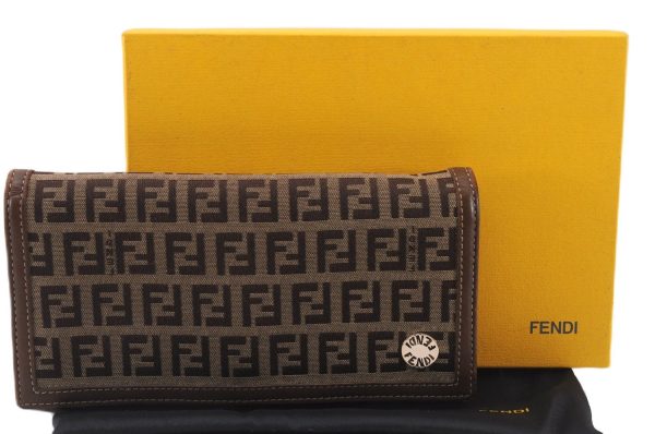 Authentic FENDI Zucchino Long Wallet Purse Canvas Leather Brown Box 8670E Fashion