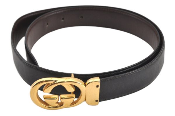 Authentic GUCCI Interlocking G Vintage Belt Leather 32.7-34.6  Black Brown 1710G Online